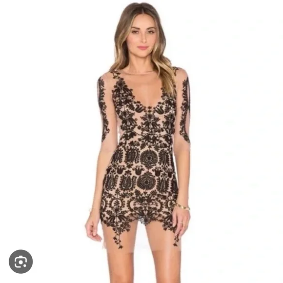 For Love & Lemons Bodycon Dress Tan Mesh Black Lace S - Picture 1 of 7